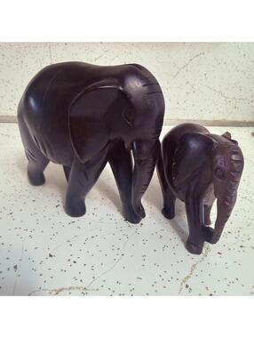 MCM Solid Ebony Wood Carved Elephant Statues Mom And baby - 6" and 4.5" In Size